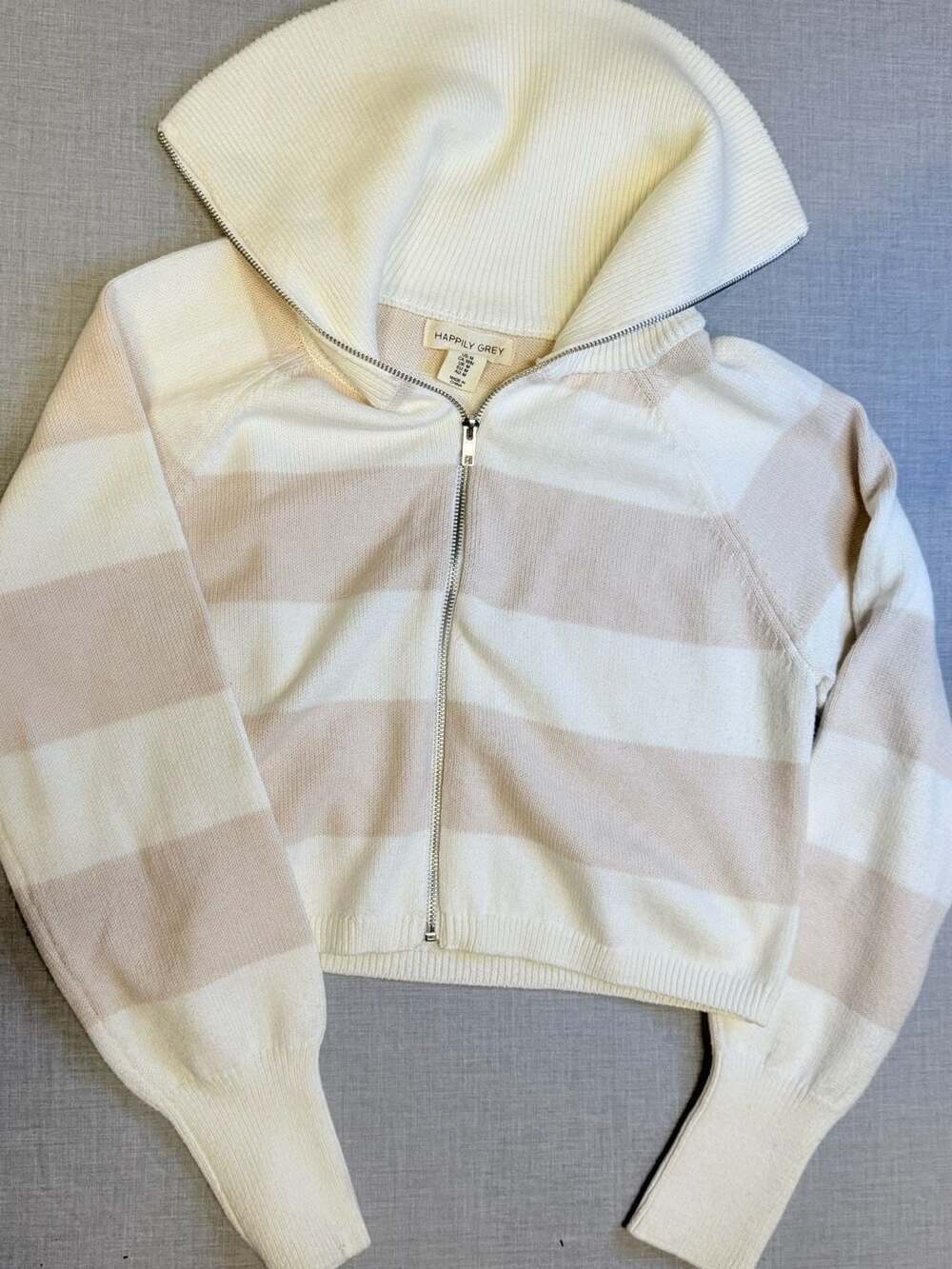 Happily Grey Striped Full Zip Cropped Sweater Size M - Picture 3 of 5